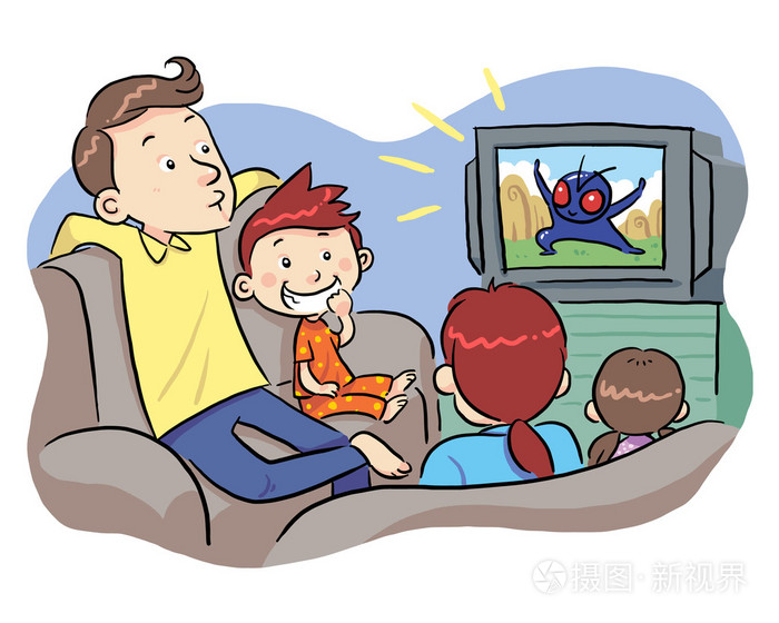 一家人看电视漫画图片