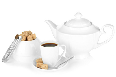 喝杯咖啡 糖碗和孤立在白色的茶壶