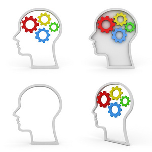 头形状与齿轮大脑在白智力概念的集合照片