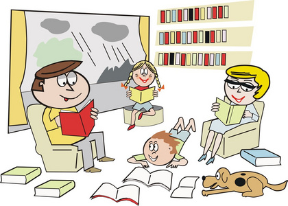 幸福的家庭阅读和学习从书在家里与外面的多雨天气的漫画