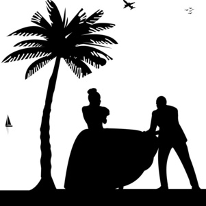 婚礼夫妇，新郎和新娘之间上海滩剪影棕榈海岸