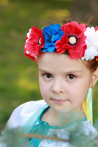 微笑小女孩在鲜艳的民族服装，乌克兰是在背景上的绿草中夏公园