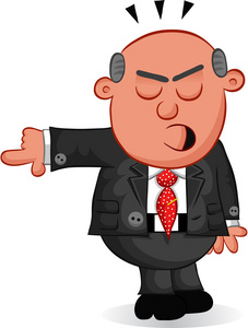 老板指着卡通插图.在办公室工作的人与牛在收银台的长队.