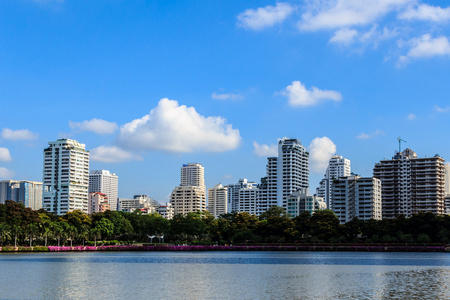 湖和城市景观在阳光灿烂的日子