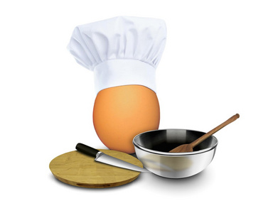 鸡蛋穿厨师 toques 与烹饪工具