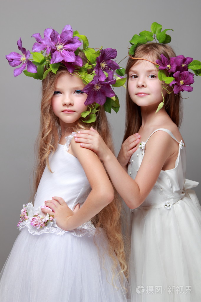 欧洲两个小女孩用美丽的头发样式与鲜紫色叶铁线莲灰色背景