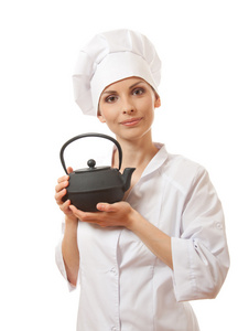 女厨师  厨师制服，茶壶