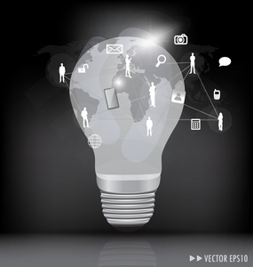 灯泡与社会网络概念。矢量插画