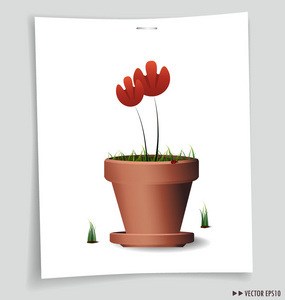 红色花卉植物煲。矢量插画