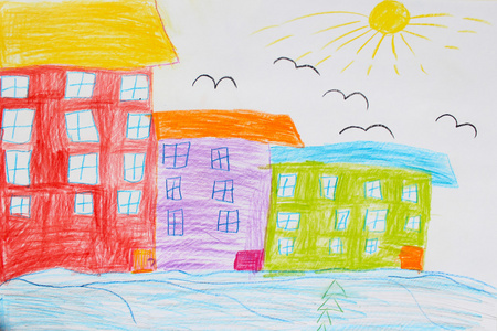 儿童绘画的房屋和鸟
