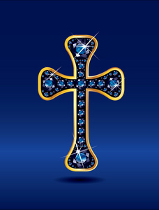 基督教十字架在黄金与蓝宝石的石头照片