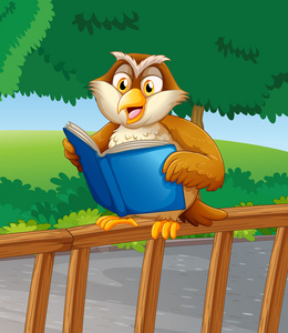 一只猫头鹰，阅读一本蓝色书籍