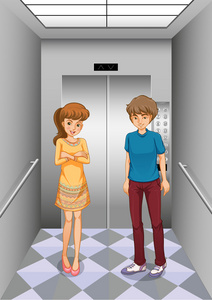 一个女孩和一个男孩在电梯里