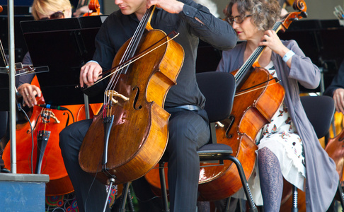 大提琴特写正在在音乐会中演奏大提琴的特写照片