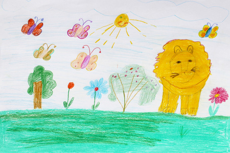 儿童画与蝴蝶和狮子