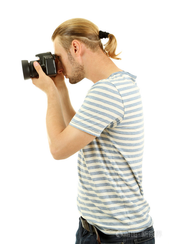 帅气摄影师用相机,孤立在白色