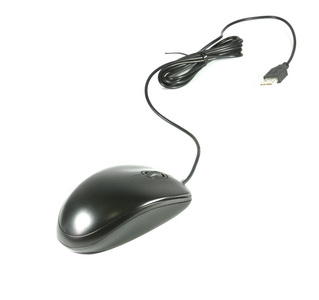 用电缆在白色背景上的黑色电脑鼠标