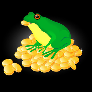绿色青蛙坐在金币上，嘴里衔着一枚硬币。 续