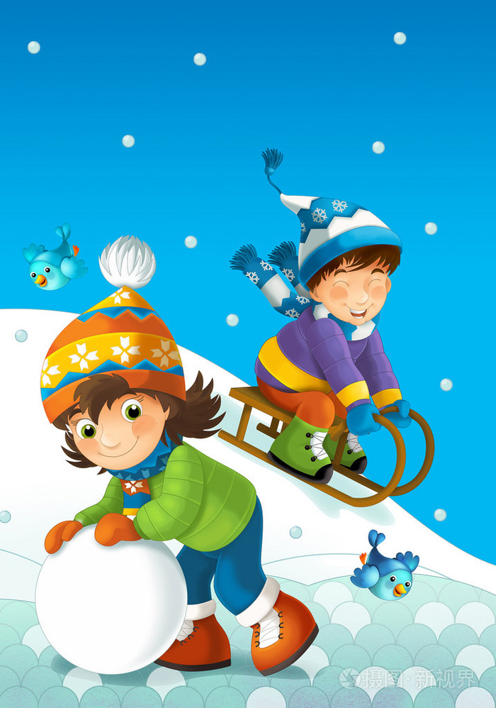 雪-儿童插画上嬉戏的儿童