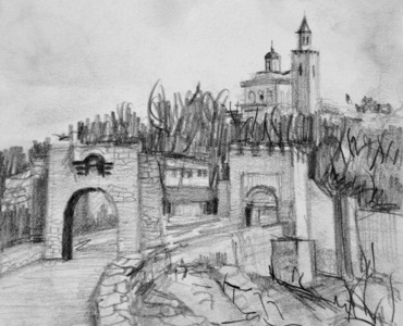 铅笔素描的堡垒 tsarevets 在大特尔诺沃