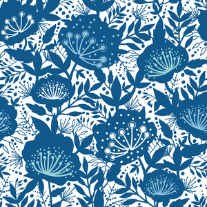 蓝色和白色的园林植物剪影无缝图案背景