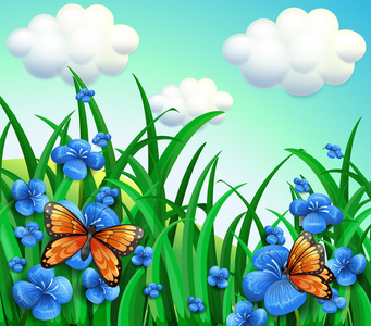 蓝色花朵与橙色蝴蝶花园