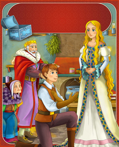 在鹅的女孩在井哈梅林王子或公主城堡骑士和仙女儿童插画