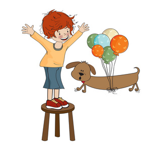 小男孩与小狗卡通小男孩和他的狗一起玩照片