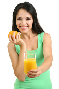 鲜榨果汁和橙白色上孤立的女孩图片