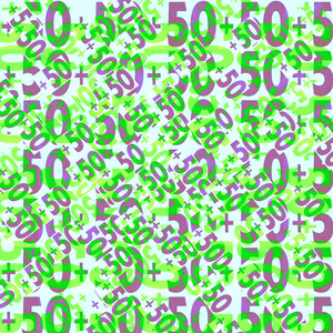 在白色背景上 50 个绿色和紫色数字
