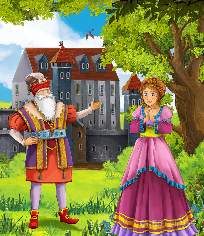 蓝胡子胡子王子或公主城堡骑士和仙女儿童插画