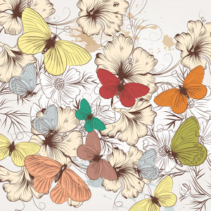 用一只手可爱时尚图案绘制蝴蝶与鲜花