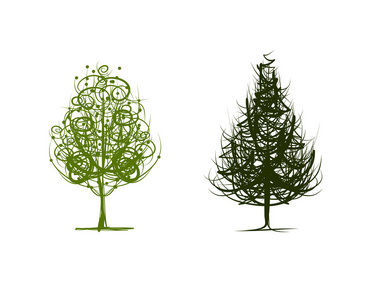 两个绿色的树 草绘为您的设计