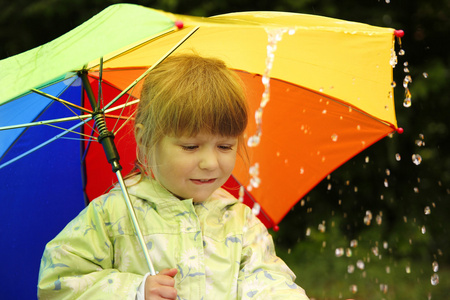 一把伞在雨中的小女孩