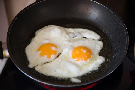 在平底锅两个煎的鸡蛋