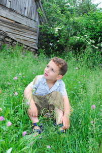小男孩坐在一片三叶草的草地上