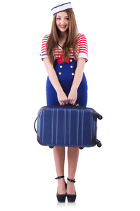 女人旅行助理带上白色手提箱