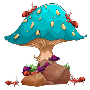 巨大的蘑菇和一窝蚂蚁的