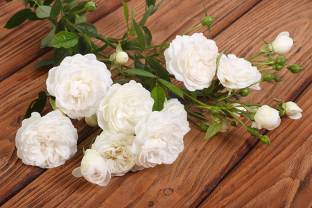 攀爬的花白色玫瑰木桌上图片