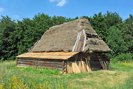 古代用稻草屋顶的小屋图片