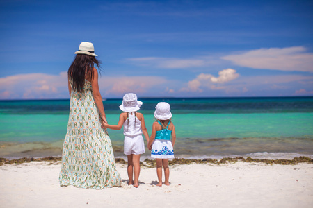 在阳光明媚的一天后的时尚年轻的母亲和两个视图她的孩子们在异国海滩