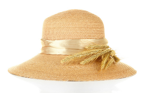 美丽的夏天帽子与小穗上白色隔离