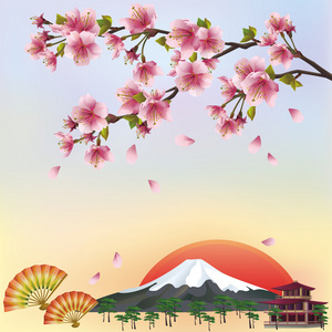 背景与山和樱花开花日本樱花 tr