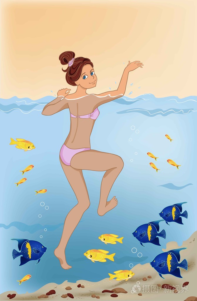 在与珊瑚鱼海中游泳的女孩