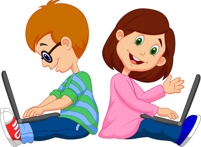 男孩和女孩坐在一起的笔记本电脑