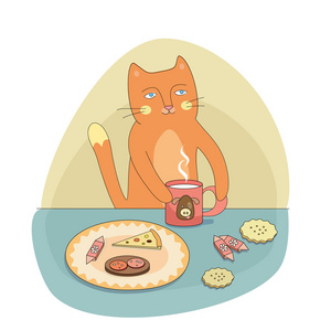猫吃早餐矢量