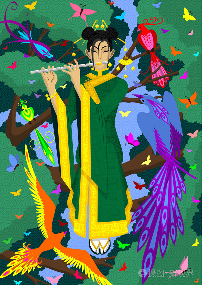 长笛演奏的中国女孩插画-正版商用图片1co9ef-摄图新视界