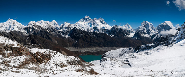 喜马拉雅山首脑的全景视图 珠穆朗玛峰 洛子峰努