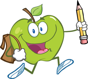 青苹果字符与书包和铅笔去上学