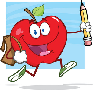 红苹果与书包和铅笔去上学